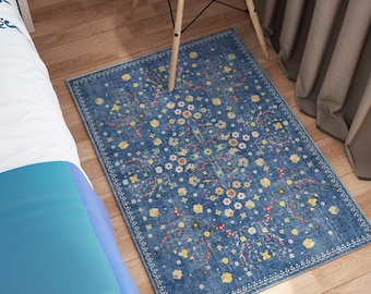Blue Floral Garden Rug, Cottage Style Floor Carpet for Bedroom Decor, Vintage Garden Inspired Rug, Soft Decorative Area Rug,