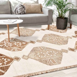 Brown and Beige Rug, Geometric Pattern Rug, Boho Rug, Brown Rugs, Turkish Rug, Custom Rug, Machine Washable Rug, Thick Rug, Wedding Rug,