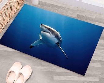 Great White Shark Rug, Ocean Sea Life Digital Rug, Marine Animal Art Floor Mat, Indoor Nautical Decor, Gift For Shark Lover, Dep Sea Art Rug