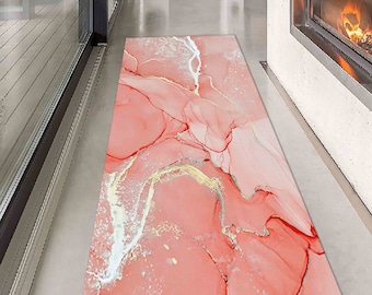 Kitchen Rug, Bath Rug, Round Rug, Anti-Slip Carpet, Alcohol Ink Rug, Coral Marble Rugs, Coral And Gold Marble Rugs, Classic Rug, Step Rug,
