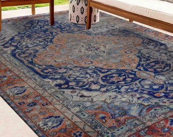 Saloon Rug, Easy to Clean Rug, Thin Rug, Anti-Slip Carpet, Antique Decor Rug, Navy Blue Rugs, Salon Rug, Classic Rug, Bedroom Rug,