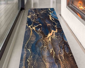 Accent Rug, Runner Rug, Gift Rug, Non-Slip Carpet, Navy Blue And Gold Marble Rugs, Navy Blue Rugs, Marble Rugs, Front Door Rug,