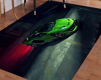 Lamborghini Adventador Rugs, Green Car Rug, Luxury Car Rug, Car Rug, Non-Slip Carpet, Chenille Rug, Bathroom Rug, Gift For Her, Boy Room Rug