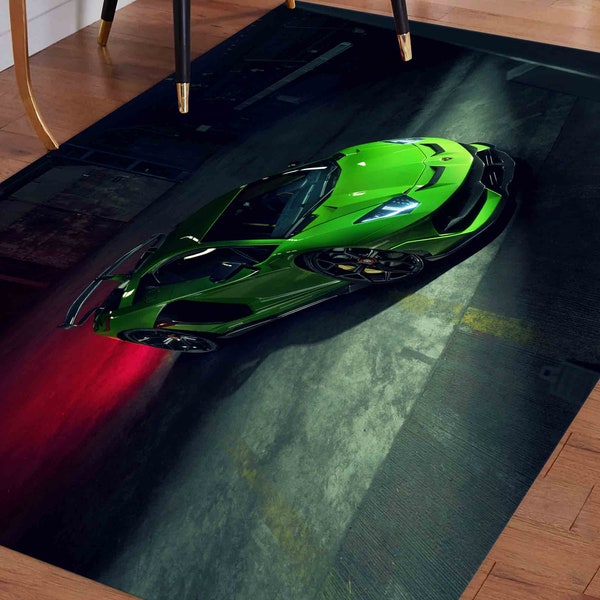 Lamborghini Adventador Rugs, Green Car Rug, Luxury Car Rug, Car Rug, Non-Slip Carpet, Chenille Rug, Bathroom Rug, Gift For Her, Boy Room Rug