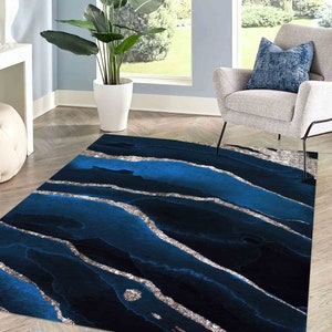 Navy Blue Marble Rug, Abstract Rugs, Luxury Marble Rugs, Modern Rug, Bedroom Rug, Area Rug, Entryway Rug, Outdoor Rug, 3D Printed Rug,