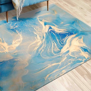 Pattern Rug, Bathroom Rug, Cool Rug, Personalized Gifts, Blue And Gold Marble Rugs, Blue Marble Rugs, Alcohol Ink Rug, Anti-Slip Carpet,