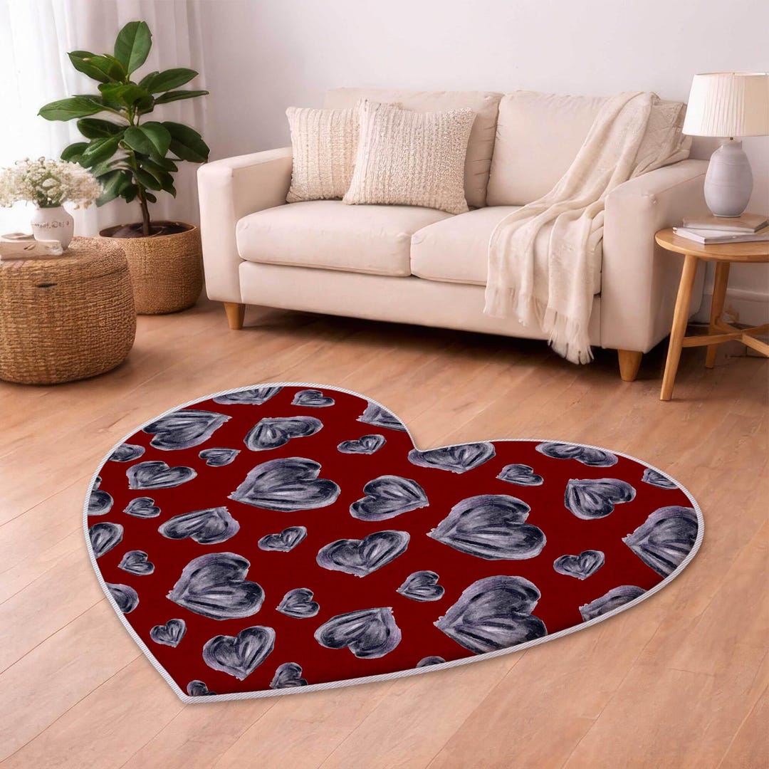 Red Heart Rug Patterns Red Heart Rug, Painted Gray Hearts, Valentine Day Home Decor, Romantic ...