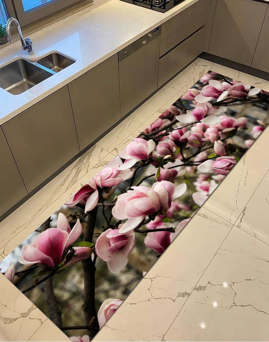 Magnolia Blossom Rug, Pink Flower Garden Digital Rug, Romantic Floral ...