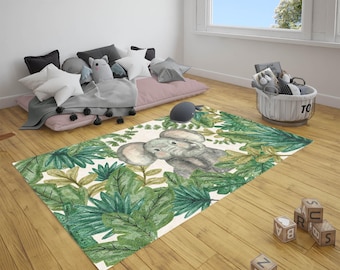 Cute Elephant Nursery Rug, Jungle Leaf Pattern Kids Room Carpet, 3x5 Soft Playroom Floor Mat, Baby Safari Animal Decor, Custom Floor Rug