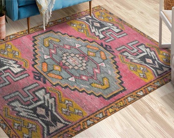 Pink and Yellow Rug, Aztec Rug, Gray Rugs, Farmhouse Decor, Turkish Rug, Dining Room Rug, Gift For The Home, Non Slip Rug, Kilim Design Rug,