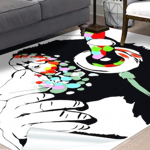 Salon Decor Rug, Corridor Rug, Nursery Rug, Gift For Him, Banksy Rugs, Music Graffiti Rug, Banksy Thinking Monkey Rug, Living Room Rug,