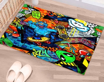 Bathroom Rug, 3D Printed Rug, Living Room Rug, Non Slip Rug, Graffiti Rug, Street Graffiti Rug, Man Cave Rug, Anti-Slip Carpet, Colorful Rug