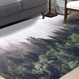Bedroom Rug, Wedding Rug, Chenille Rug, Housewarming Gift, Landscape Rug, Forest Landscape Rugs, Misty Mountain View Rug, Step Rug,