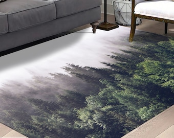 Bedroom Rug, Wedding Rug, Chenille Rug, Housewarming Gift, Landscape Rug, Forest Landscape Rugs, Misty Mountain View Rug, Step Rug,