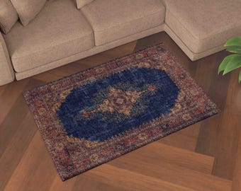 Navy Ornate Rug, Classic Area Rug Motif, Eastern Style Floor Carpet for Entryway Decor, Antique Inspired Pattern Rug, Decorative Home Rug