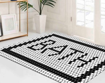 Easy to Clean Rug, Salon Decor Rug, Decorative Rug, Anti-Slip Carpet, Bathroom Decor Rug, Black And White Rug, Modern Rug, Accent Rug,