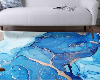 Cool Rug, Runner Rug, Office Rug, Housewarming Gift, Blue Tones Marble Rug, Contemporary Rugs, Modern Rugs, Soft Rug, Decorative Rug,