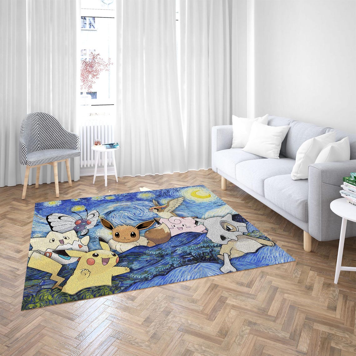 Pikachu Rectangle Rug Eevee Rug, Starry Sky Rug, Pikachu Rug, Anime Rug, Van Gogh Rug, Boy ...