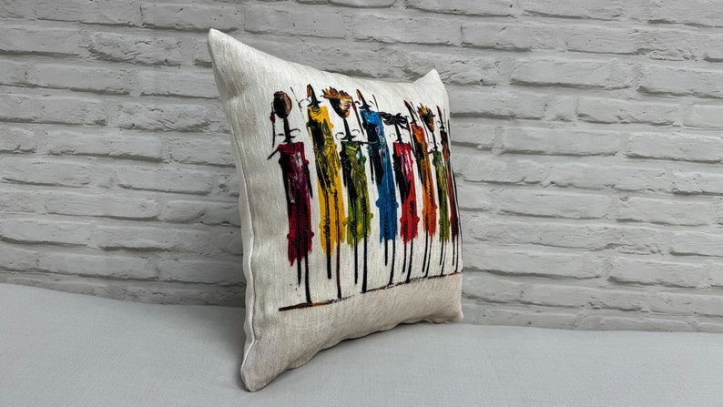 Abstract People Pillow Sham, Masai Cushion Case, Masai People Painting Printed Pillow, African Pillow Cover, Boho Pillow, Bohemian Pillow, image 3