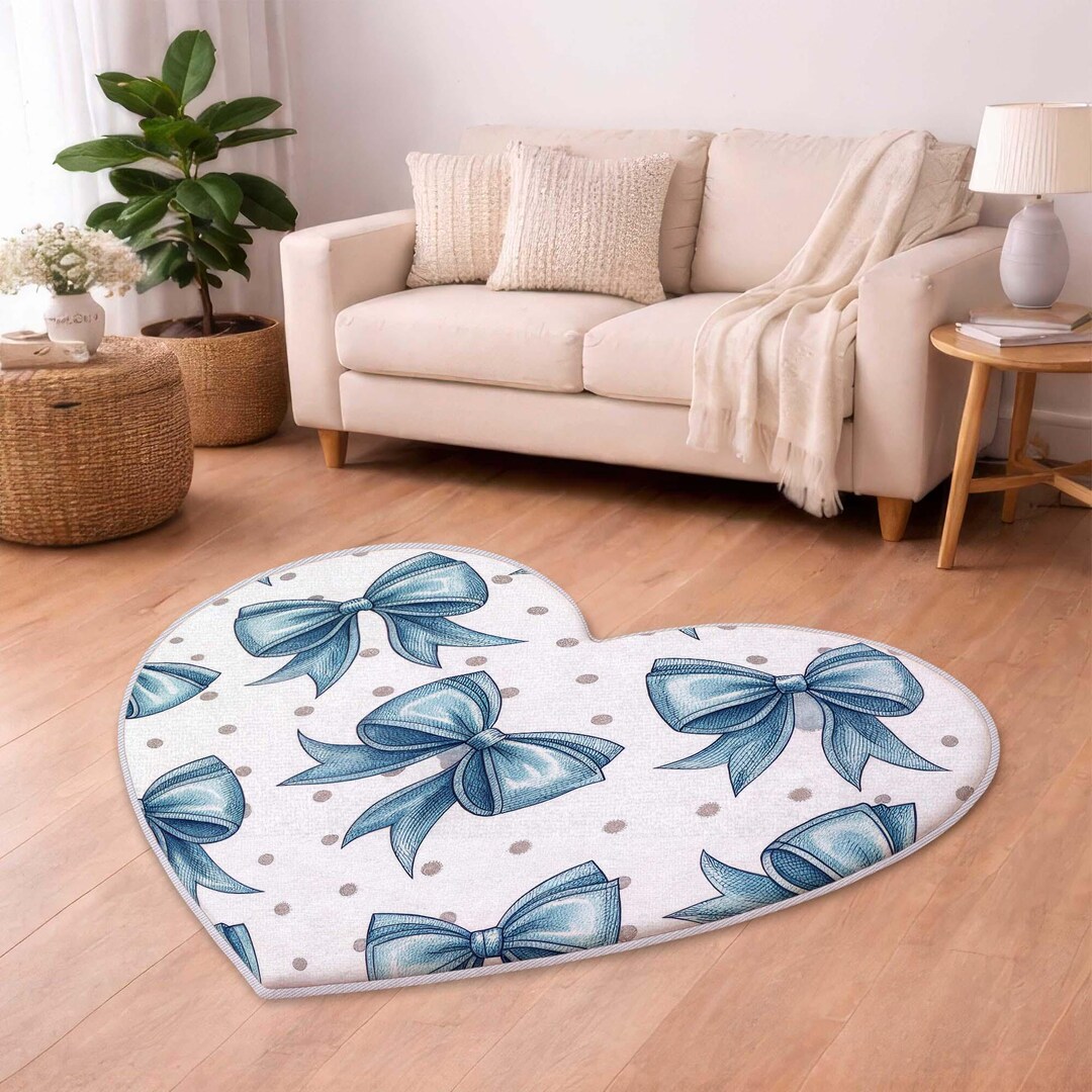 Heart Rug Fancy Blue Heart Bow Rug, Aesthetic Valentine Day Decor, Girl Room Rug, Cute ...