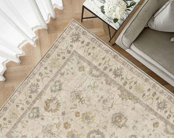 Modern Cream Shabby Chic Rug,  Minimalist Oushak Style Decor, 6x4 Elegant Distressed Living Room Carpet, Large Pet Friendly Area Rug