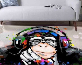 Banksy Rug, Entry Rug, Custom Rug, Non Slip Rug, Animal Rug, Colorful Monkey Rug, Thinking Monkey Rug, Non-Slip Carpet, Corridor Rug,