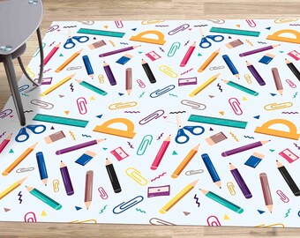 May include: A white background with a repeating pattern of school supplies. The supplies include pencils, rulers, scissors, protractors, erasers, and paper clips. The colors are bright and cheerful, including red, yellow, blue, green, and purple.