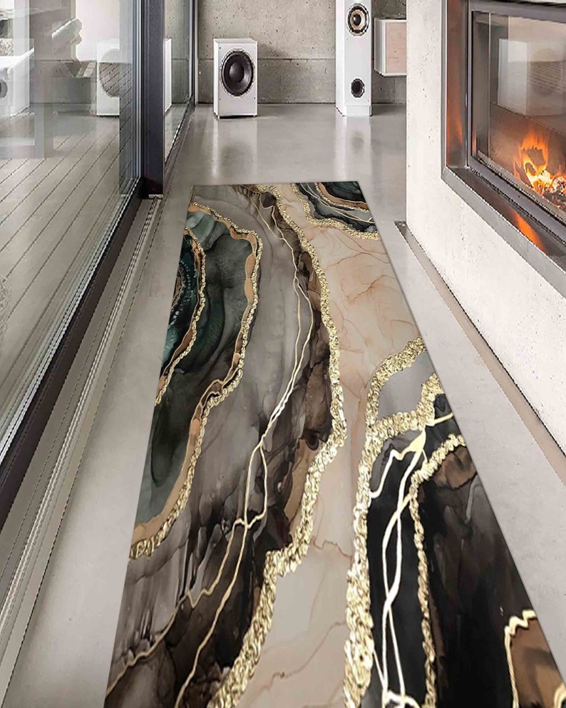 Kitchen Rug, Decorative Rug, Small Rug, Gift Rug, Gold Rug, Brown Marble Rugs, Alcohol Ink Rug, Hallway Rug, Machine Washable Rug, image 1