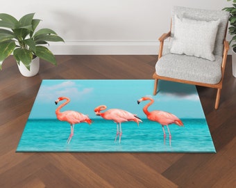 Hallway Rug, 3D Printed Rug, Decorative Rug, Housewarming Gift, Animal Rugs, Tropical Rug, Three Flamingos Rug, Popular Rug, Saloon Rug,