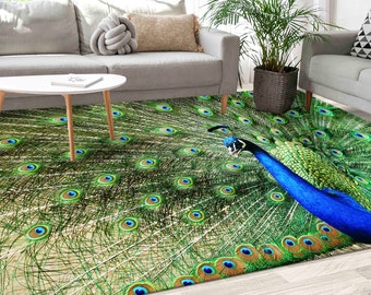 Peacock Rugs, Feather Rugs, Green Rug, Animal Rug, 3D Printed Rug, Indoor Rug, Dining Room Rug, Non Slip Rug, Gift For The Home, Trendy Rug,