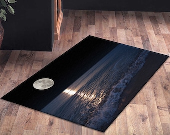 Easy To Clean Rug, Saloon Rug, Salon Decor Rug, Gift For The Home, View Rugs, Sea And Moon Rugs, Sea And Moon View Rug, Thick Rug, Black Rug