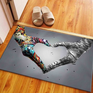 3D Printeds Rug, Easy To Clean Rug, Salon Rug, Housewarming Gift, Graffiti Rug, Love Graffiti Rugs, Love Hand Graffiti Rug, Bathroom Rug,