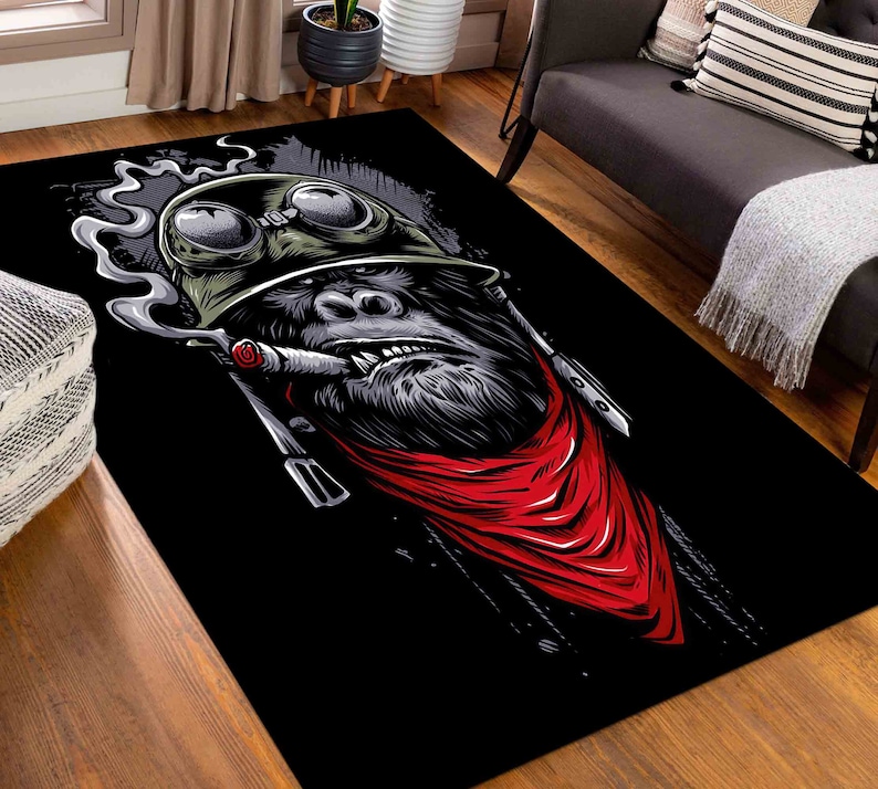 Red Monkey Rug Smoking Chimp Rug, Chimp Rug, Man Cave Rugs, Modern Rug, Saloon Rug ...
