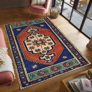 Turkish Pattern Rug, Blue Rug, Coastal Rug, Anatolian Rugs, Turkish Rug, Non-Slip Carpet, Housewarming Gift, Runner Rug, Entry Rug,