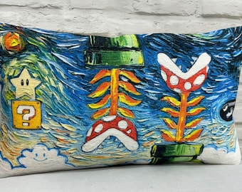 Super Mario Pillow Cover, Mario World Starry Night Pillow Sham, Van Gogh Style Mario Painting Cushion, Modern Pillow Cover, Mario Pillow,