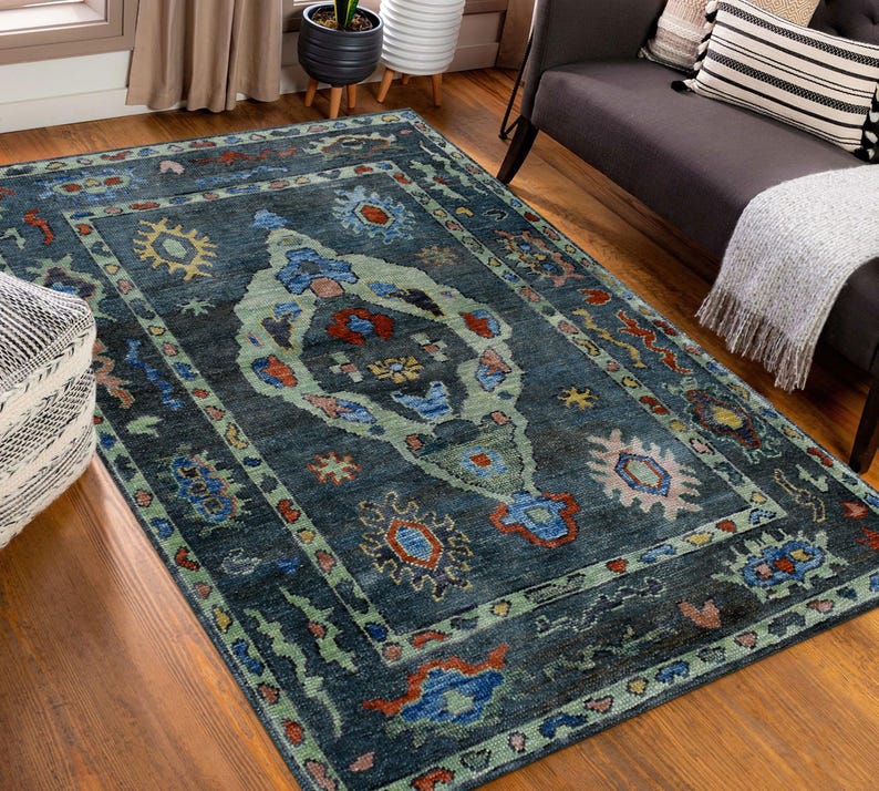 Navy Green Rug, Medallion Pattern Rug, Ethnic Pattern Rugs, Antique