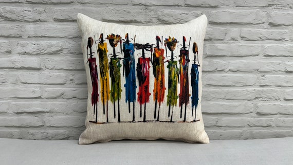 Abstract People Pillow Sham, Masai Cushion Case, Masai People Painting Printed Pillow, African Pillow Cover, Boho Pillow, Bohemian Pillow,