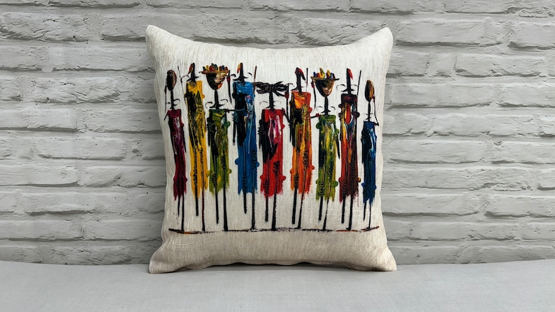Abstract People Pillow Sham, Masai Cushion Case, Masai People Painting Printed Pillow, African Pillow Cover, Boho Pillow, Bohemian Pillow, image 1