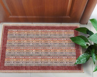 Red Kilim Runner Rug, Striped Ethnic Pattern Carpet, Turkish Style Hallway Rug, Vintage Inspired Entryway Runner, Boho Kitchen Runner Rug,