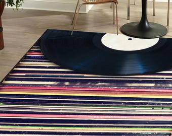 Vinyl Record Player Rug, Retro Music Striped Rug, Colorful DJ Digital Rug, Indoor Floor Mat, Music Lover Gift, Vintage Home Decor