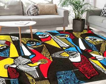 Office Decor Rug, Front Door Rug, Classic Rug, Gift For Him, Modern Rug, Contemporary Rugs, Surreal Colored Faces Rug, Bedroom Rug,