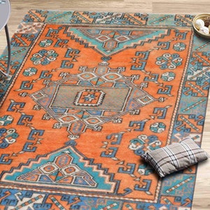 Orange Kilim Pattern Rug, Blue Rug, Orange Rugs, Vintage Style Rug, Turkish Rug, Soft Rug, Cool Rug, Area Rug, Hallway Rug, Runner Rug,
