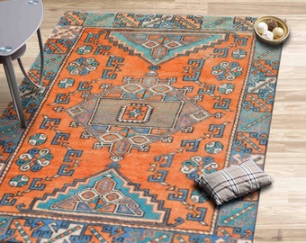 Orange Kilim Pattern Rug, Blue Rug, Orange Rugs, Vintage Style Rug, Turkish Rug, Soft Rug, Cool Rug, Area Rug, Hallway Rug, Runner Rug,