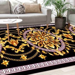 Greek Pattern Rug, Luxury Rugs, Black Rug, Modern Rugs, Anti-Slip Carpet, Custom Rug, Indoor Rug, Kitchen Rug, Salon Rug, Golden Rug,