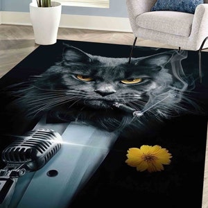 May include: A black cat with yellow eyes wearing a tuxedo and holding a microphone. The cat is smoking a cigarette and has a yellow flower on its lapel.