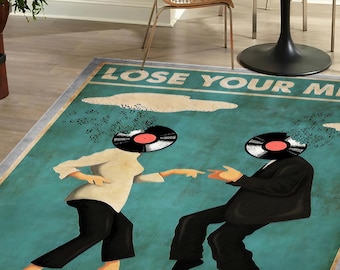 May include: A teal rug with a vintage design featuring two figures with record heads, dancing. The rug has the text "LOSE YOUR MIND" at the top. The figures are dressed in black and white clothing, with musical notes emanating from their heads.