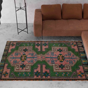 Green and Pink Rug, Geometric Pattern Rugs, Pink Rugs, Oushak Rug, Turkish Rug, Accent Rug, Classic Rug, Step Rug, Office Decor Rug,