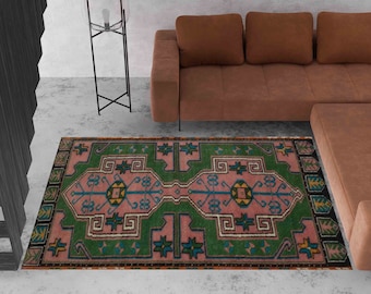 Green and Pink Rug, Geometric Pattern Rugs, Pink Rugs, Oushak Rug, Turkish Rug, Accent Rug, Classic Rug, Step Rug, Office Decor Rug,