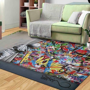 Soft Rug, Easy to Clean Rug, Home Decor Rug, Personalized Gifts, Abstract Rug, Banksy Graffiti Rugs, Banksy Behind the Curtain Rug,