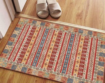 Colorful Indian Kilim Rug, Traditional Pattern Flatweave Carpet, Vibrant Striped Area Decor, Jute Floor Mat, Bohemian Vintage Rug
